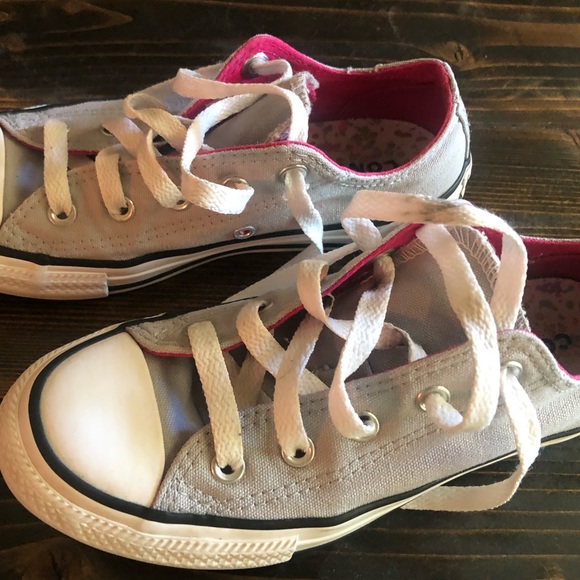 Converse Chuck Taylor Double Tongue Grey/Pink Pop/Wht Girl's Sneakers-Size 1 - Picture 2 of 5